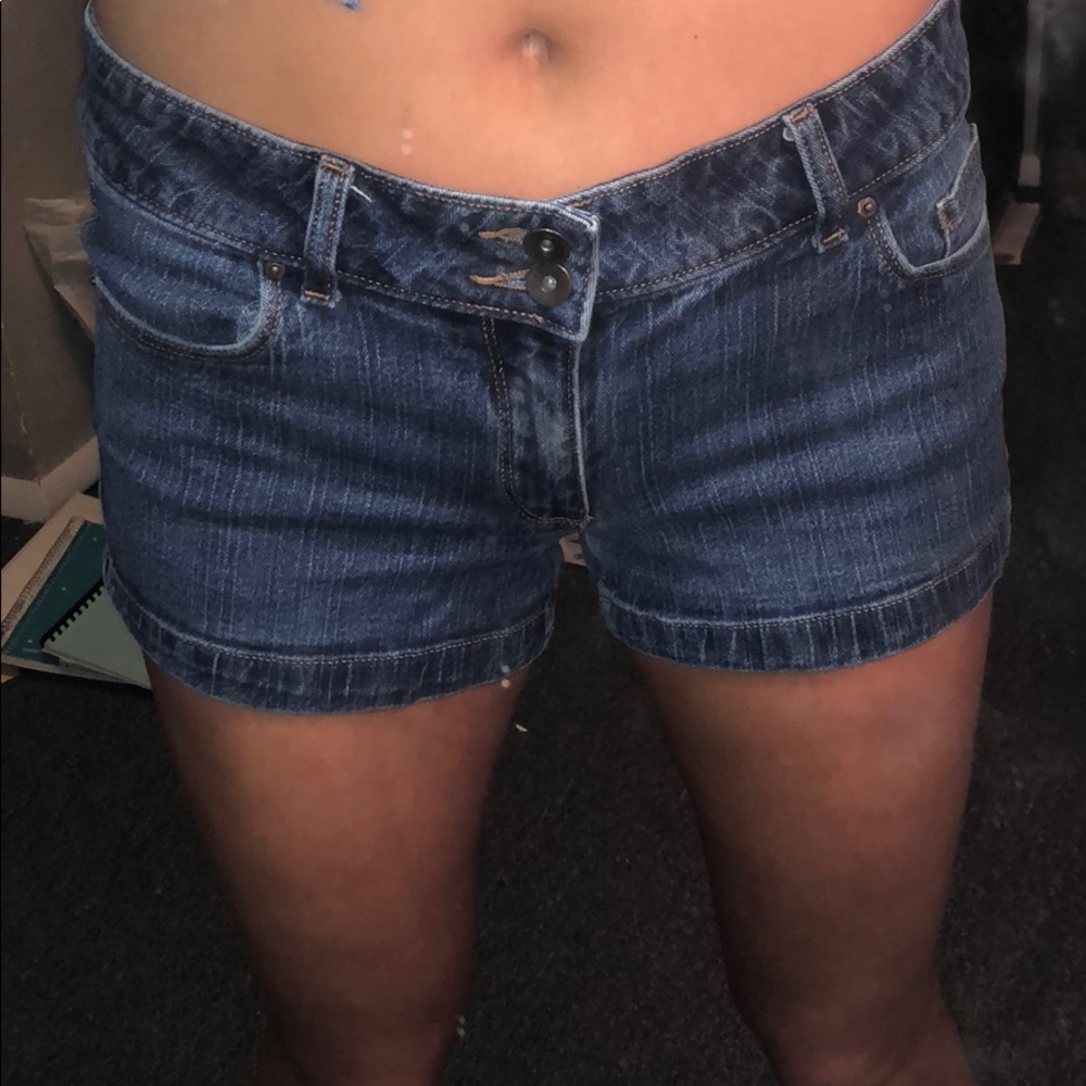 Mid-rise dark wash blue jean shorts